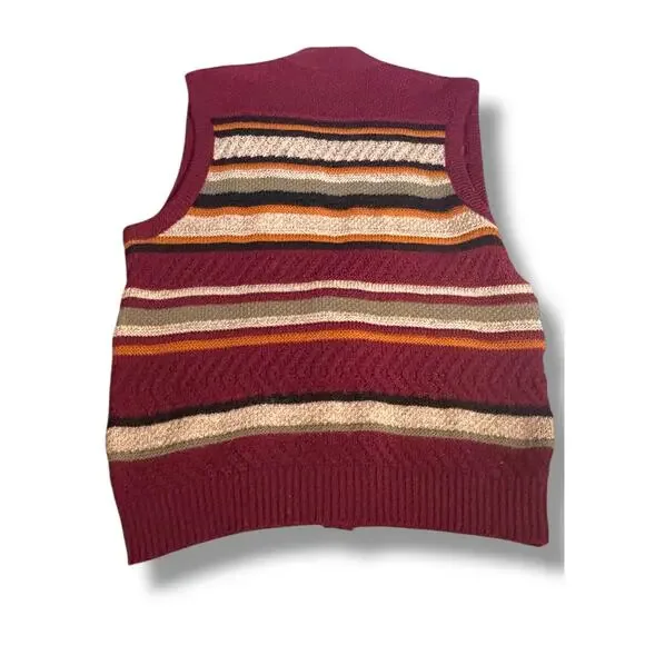 Vintage London Fog Striped Knit Sweater Vest Burgundy Multicolor 90s Grandpa